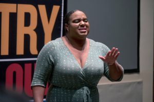 Jasmine Thomas, a graduate student, from JSU's creative arts collective Outspoken gave an explosive poetry performance for the students. (Photo by Charles A. Smith/JSU)