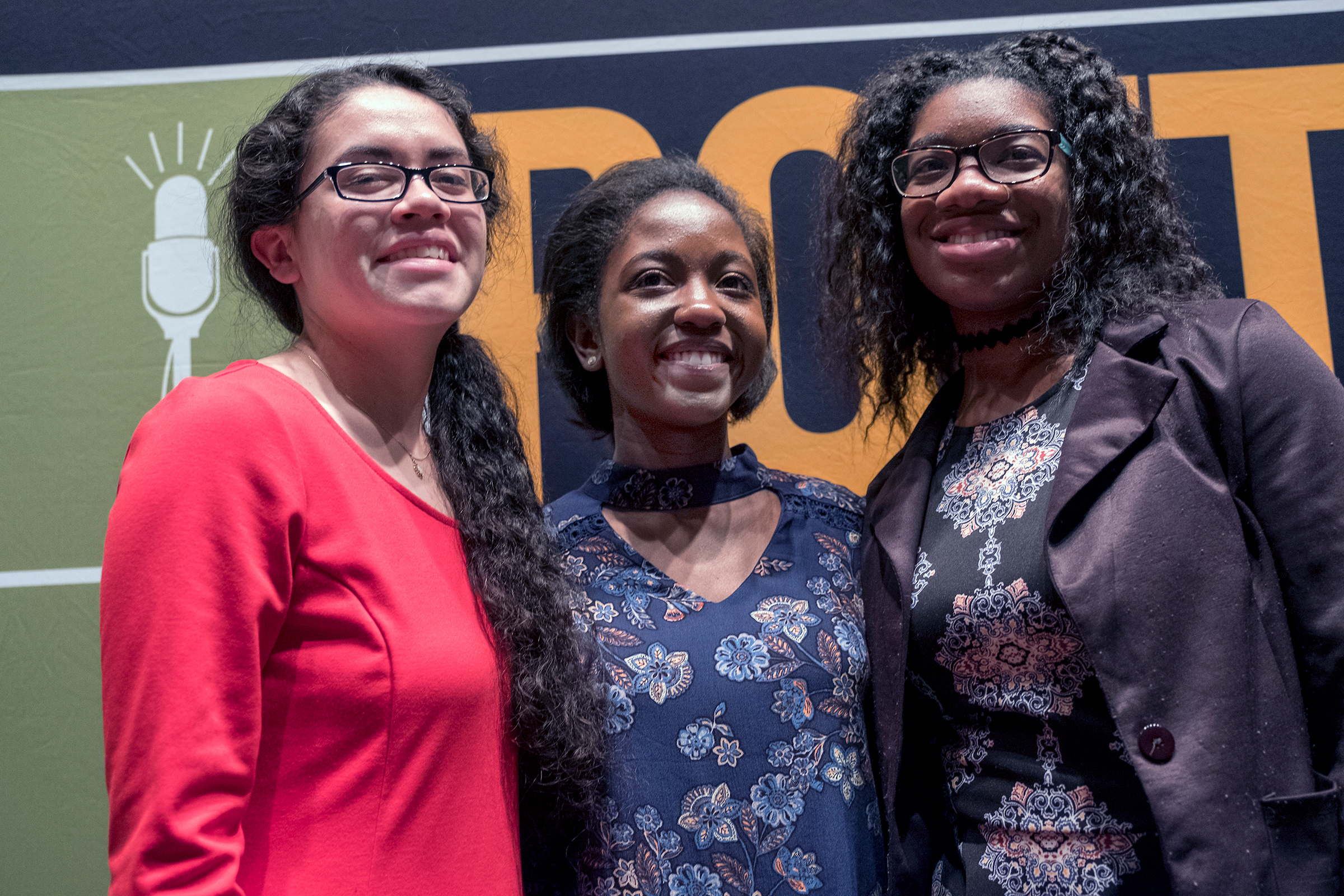 Desiree Roby,left, Taylor Mills and Olivia Bond are the three finalist of the Poetry Out Loud contest hosted annually by the Margaret Walker Center at JSU. (Photo by Charles A. Smith/JSU)