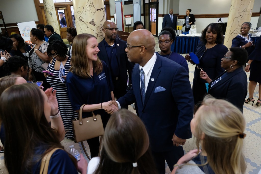 JSU President William B. Bynum Jr. greets students from JSU’s School of Public Health. (Photo by Charles A. Smith/JSU)