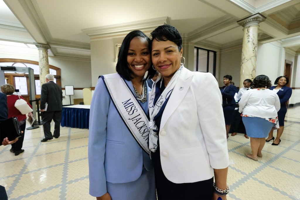 JSU first lady Deborah Bynum and Miss JSU Comelia L. Walker were among hundreds meeting guests and chatting with lawmakers. (Photo by Charles A. Smith/JSU)