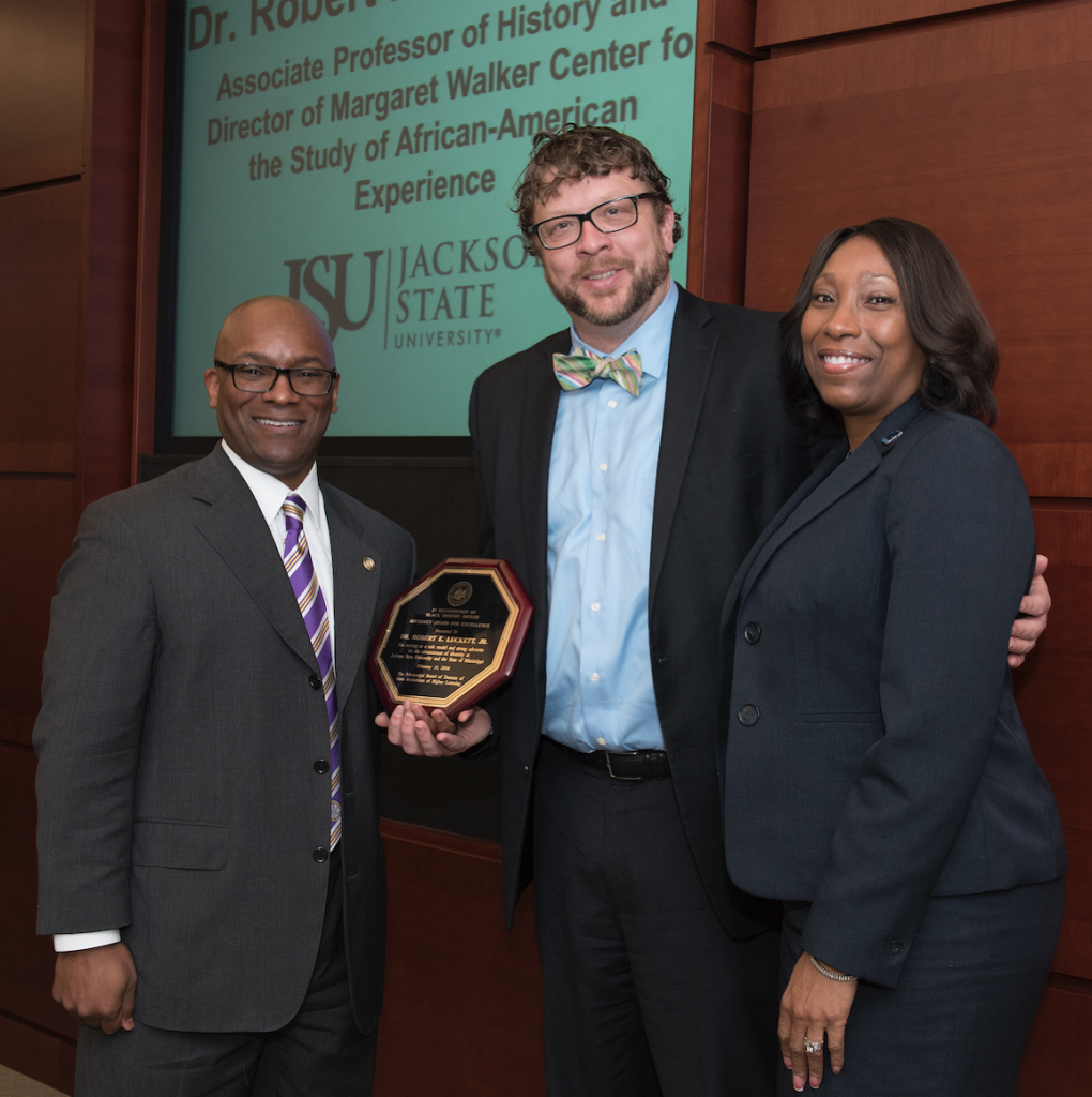 (l-r) IHL trustee Shane Hooper, Dr. Robert E. Luckett Jr., director of the Margaret Walker Center for the study of African-American Experiences, Dr. Debra Mays-Jackson, vice president and chief of staff, Jackson State University (Photo courtesy of IHL)