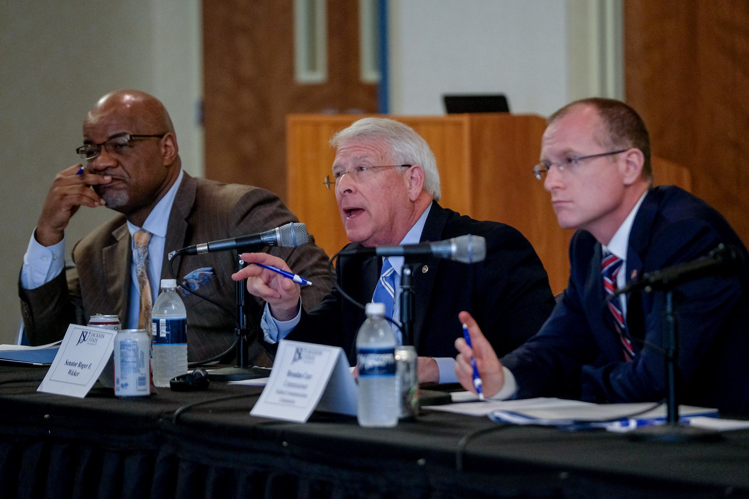 A pensive JSU President William B. Bynum Jr. listens as Mississippi U.S. Sen. Roger Wicker engages experts in a dialogue about the digital divide and a gap in Mississippi’s qualified workforce. (Photo by Charles A. Smith/JSU)
