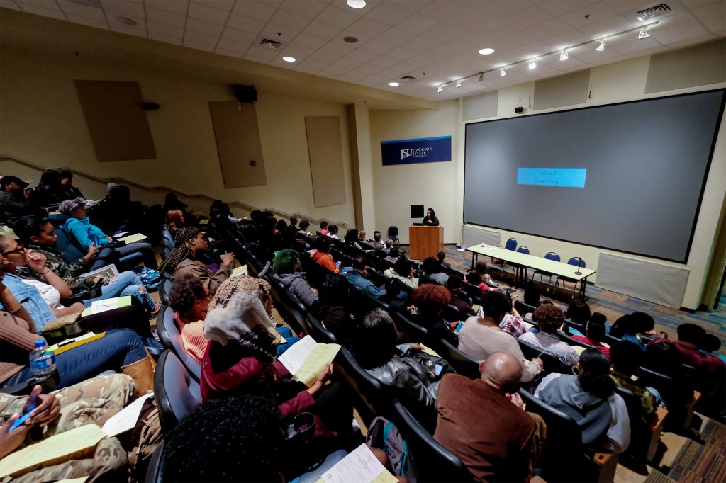 All eyes were focused on author Angie Thomas as she discussed how to "make the political personal" and use it to facilitate change in the world. (Photo by Charles A. Smith/JSU)
