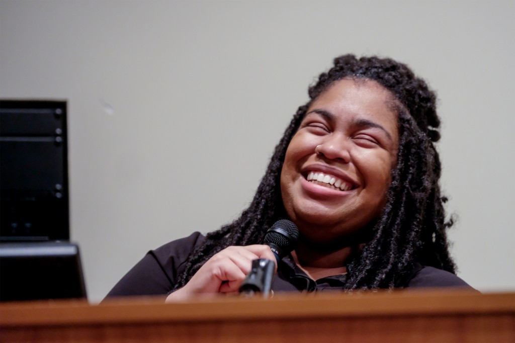 Injecting with and humor into her discussion on race, author Angie Thomas discusses combating stereotypes about Mississippi while touring the world. (Photo by Charles A. Smith/JSU)