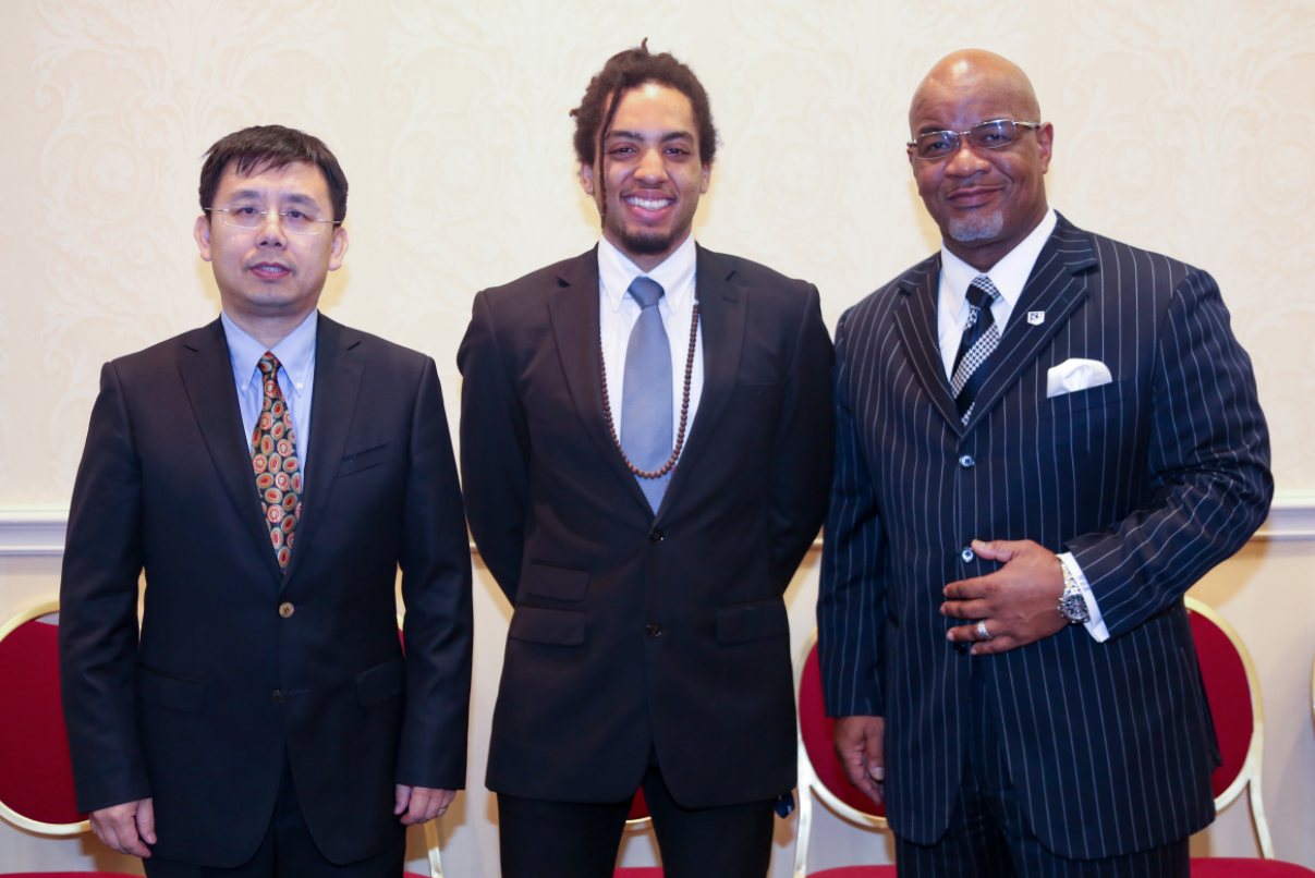 Jackson State University President William B. Bynum Jr. proudly acknowledges JSU honorees during the annual celebration of Higher Education Appreciation Day – Working for Academic Excellence (HEADWAE). Dr. Lin Li is a professor of civil engineering, and Harrison Watson is a senior biology major – both in the College of Science, Engineering and Technology.