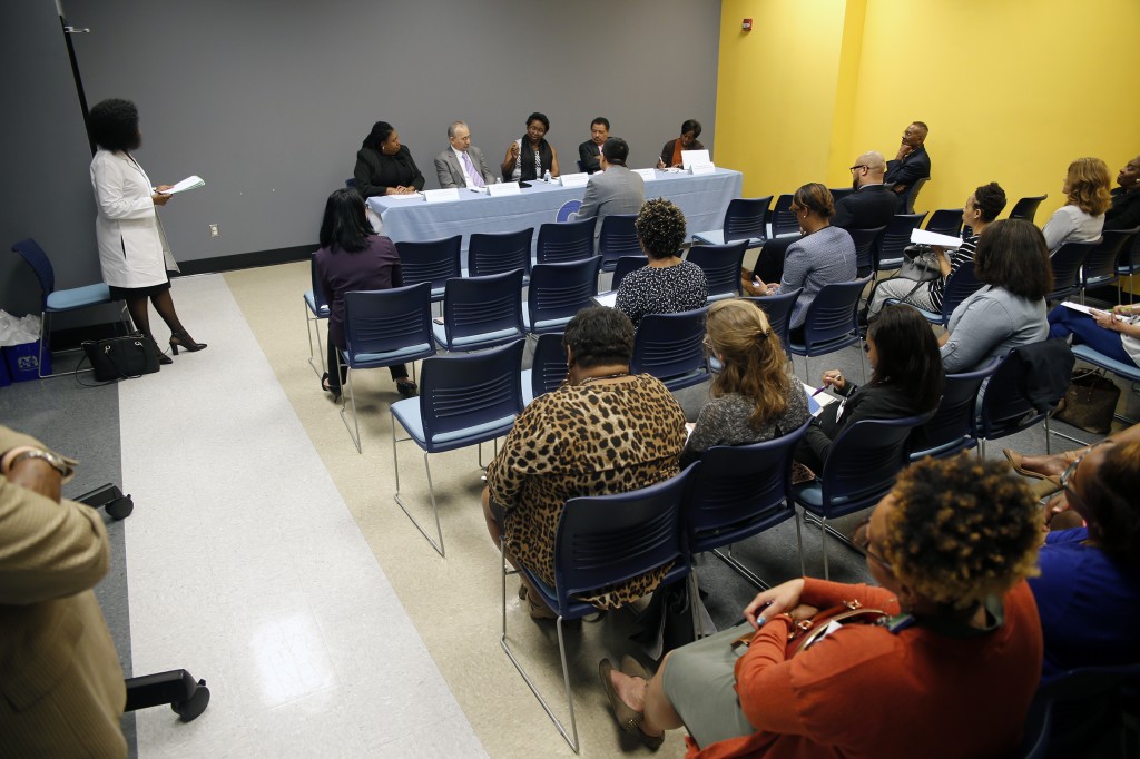 A panel assembled on Tuesday to discuss concerns regarding Mississippi's failing health care system. Panelists are, left, Falasha Reed, head nurse at G.A. Carmichael Family Health Center,Dr. Mohammad Shahbazi, interim dean of the School of Public Health,Ella Jackson, Executive Director for Abundant Living Community Organization, Dr. Mario Azevedo, dean of the College of Liberal Arts and Janice Sherman, CEO for Primary Health Care Association.