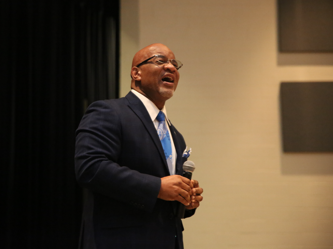 JSU President William B. Bynum reels off a list of accomplishments by JSU as he invites Ocean Springs seniors to consider JSU as a top location for continuing their academic education. (Photo by Spencer L. McClenty/JSU)