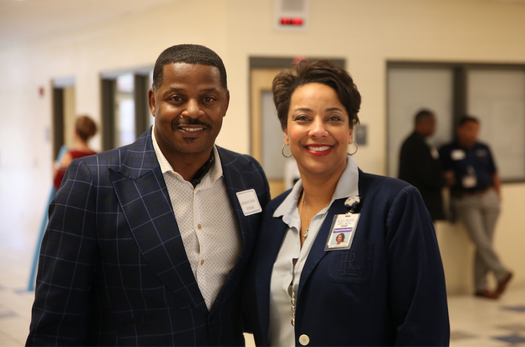 Dr. Steve Smith, interim vice president for JSU’s Enrollment Management, is welcomed to OSHS by superintendent Dr. Bonita Coleman-Potter, a JSU alum. Photo by Spencer L. McClenty/JSU)