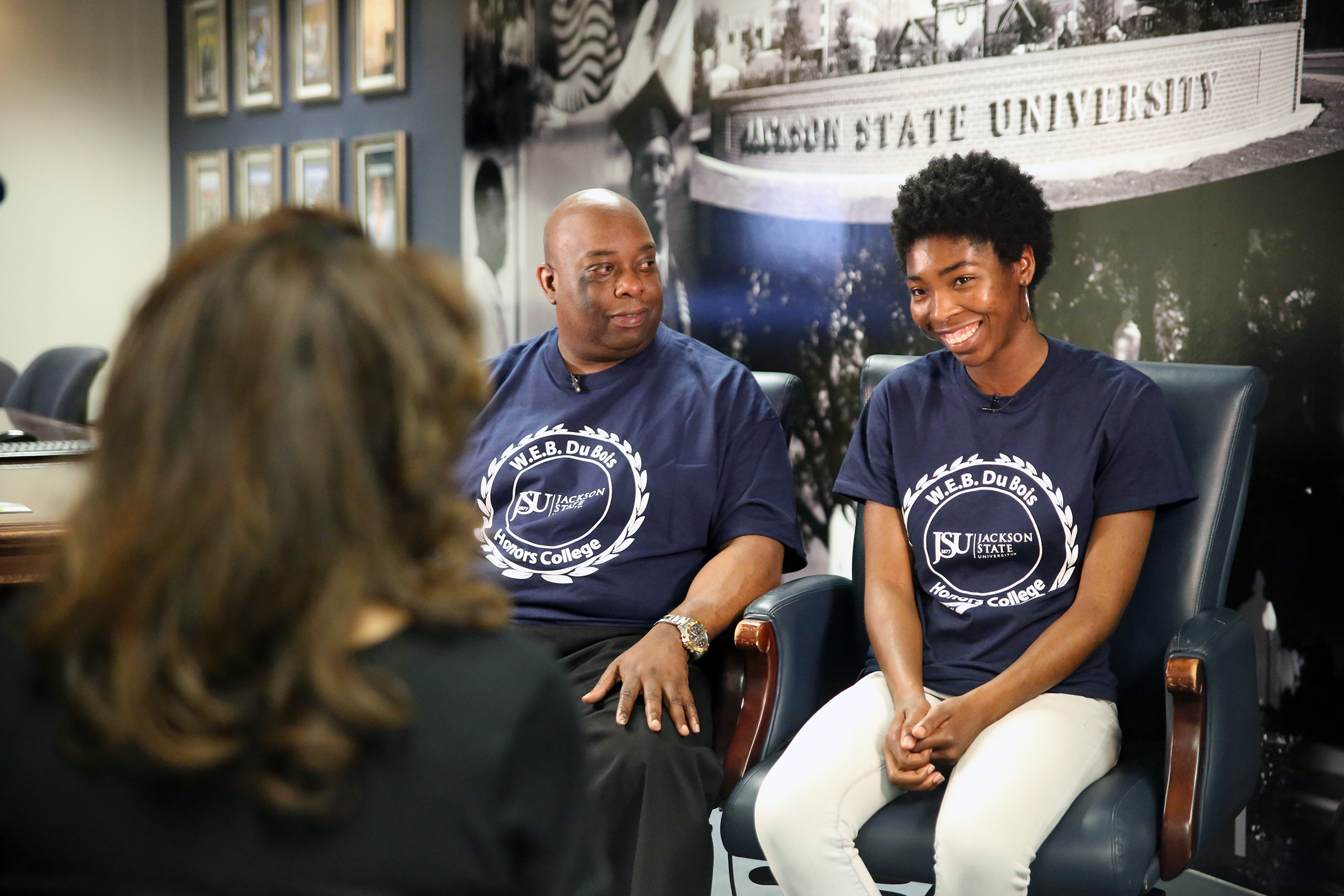 Abram and Najla Muhammad talk to WLBT about their history making achievement. “I’m excited to share this accomplishment with my father,” says Najla, a communicative disorder major. (Photo by Aron Smith/JSU)