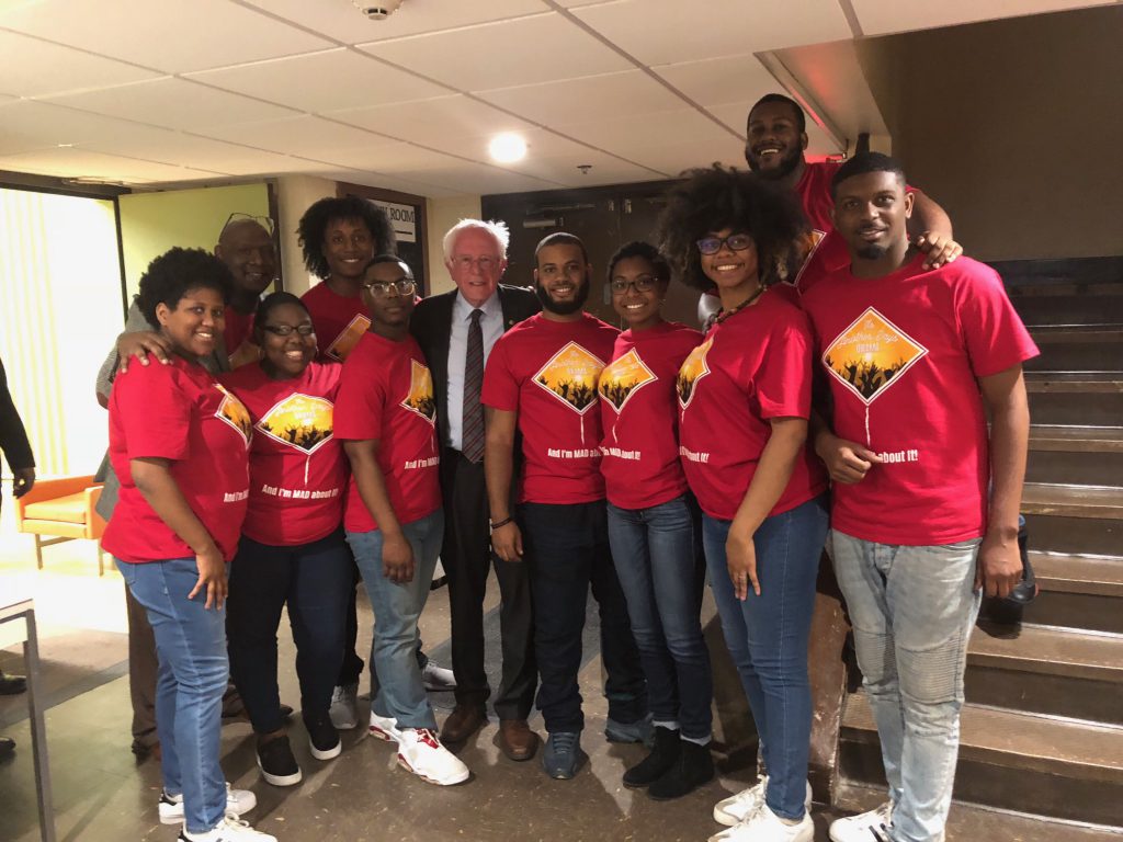 Members of JSU's student theatrical performance troupe MADDRAMA met with U.S. Sen. Bernie Sanders before their performance during a townhall discussion on economic justice in Jackson. (Photo special to University Communications)