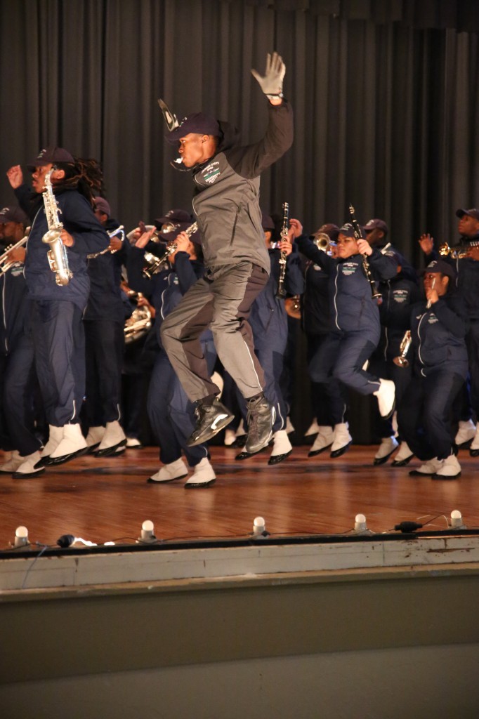 Leaping into action, the Sonic Boom shakes up Meridian High School during a stage performance. (Photo by Spencer L. McClenty/JSU)