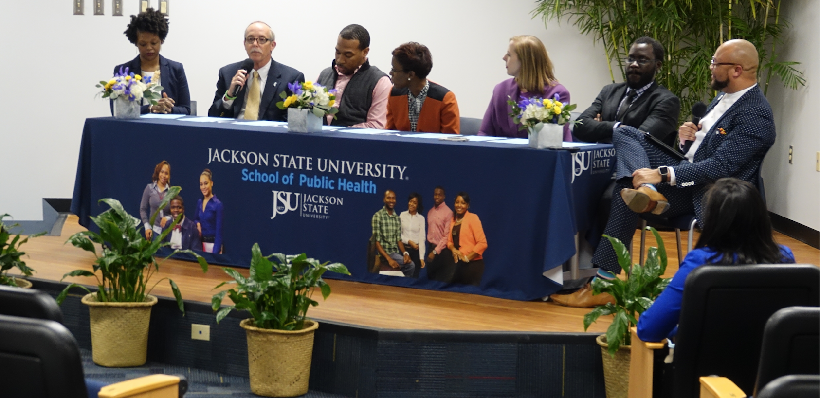 Pubic health professionals assembled inside the Jackson Medical Mall on Wednesday during National Public Health Week to share why their roles are important in saving humanity. Among the JSU alumni panelist included Dr. Nakeitra Burse, left, a grant writer in JSU’s School of Public Health (SPH); Jim Craig, director of Health Protection for the Mississippi State Department of Health; and Chris Cox, director of Youth Programming for Teen Health Mississippi. Other participating alums who shared their expertise were D’Angelique Lister, a school health coordinator for Partnership for a Healthy Mississippi; Dr. Amy Radican-Wald, a senior policy analyst for the Center for Mississippi Health Policy; and Dr. Vincent Mendy, an assistant professor in JSU’s Department of Epidemiology and Biostatistics. Alum and moderator Christopher Lane, a research compliance officer in JSU’s Division of Research and Federal Relations, earned his master’s in public health in 2016.