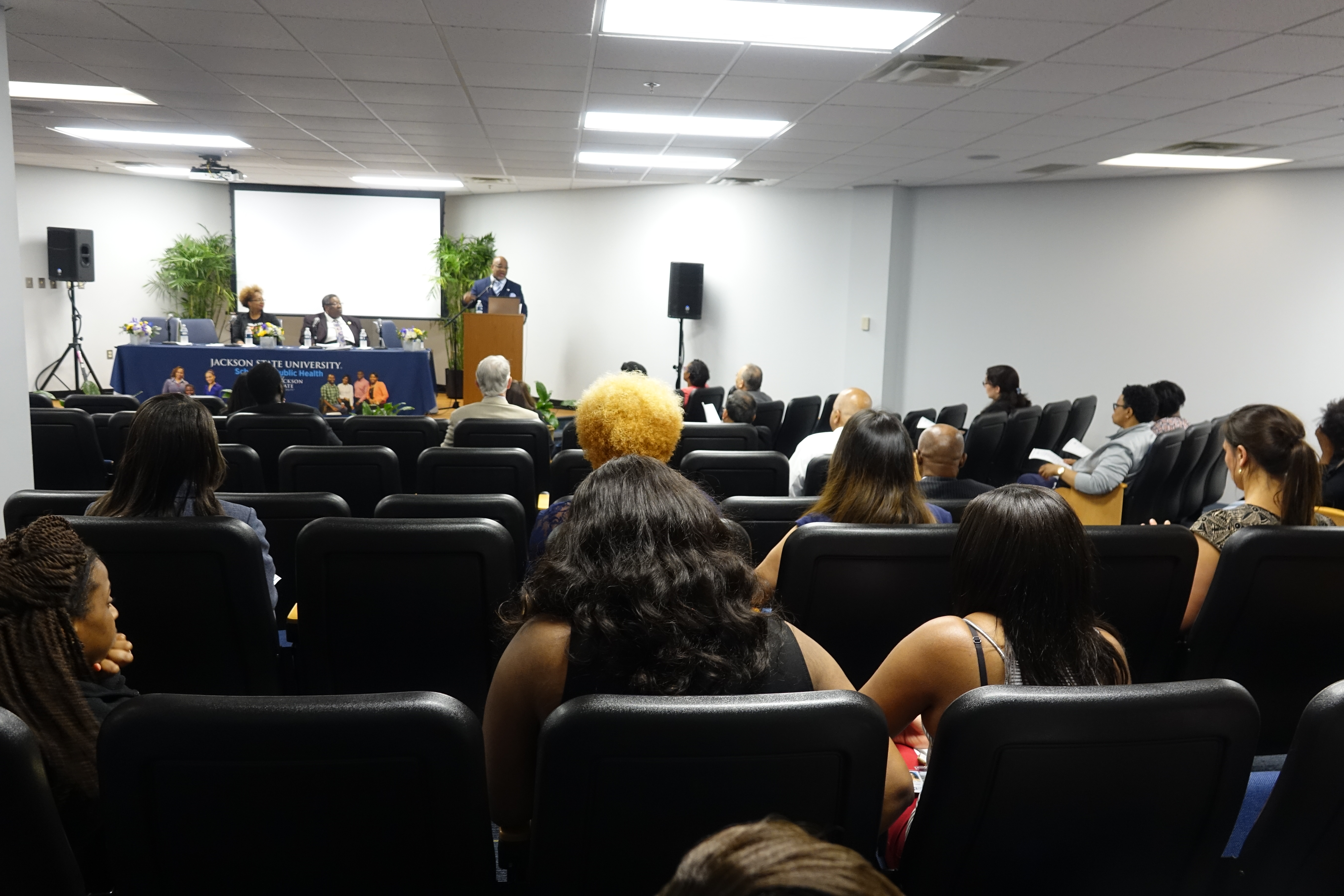 An audience of public health educators and students listen as JSU President Bynum discusses the grim reality of life expectancy. He said, “Everyone deserves an opportunity for a long and healthy life.”