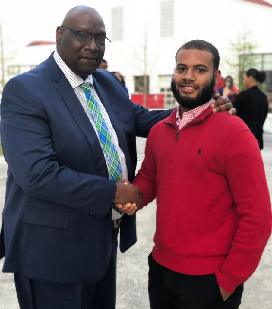 Dr. Mark Henderson, founder of MADDRAMA poses with theatre major Michael Taylor at the National Association of Dramatic and Speech Arts competition earlier this year. (Photo special to University Communications)