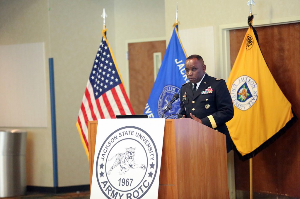Brigadier Gen. (Ret.) Robert Crear, a JSU alum with a nearly 23-year active-duty career, told cadets being commissioned as second lieutenants “you are special because you have chosen to serve and defend the dreams of others. This sets you apart from others. … You join a long line of patriots for a noble cause.” Photo by Aron Smith/JSU)