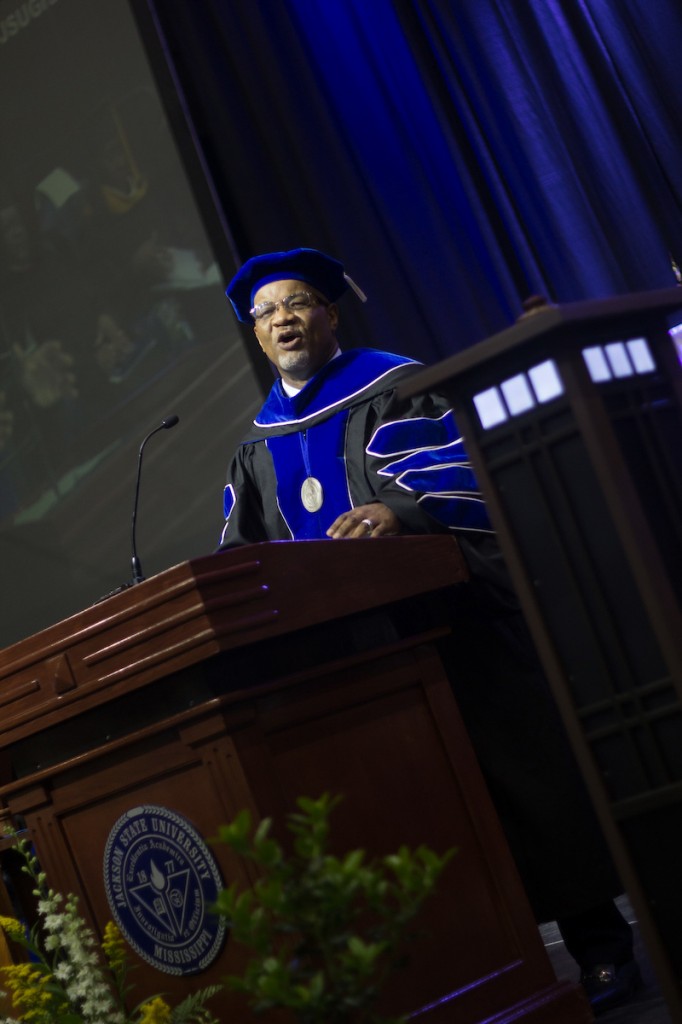 JSU President William B. Bynum Jr. commends graduates on their “tremendous milestone.” (Photo by Mary Vaughn/JSU)