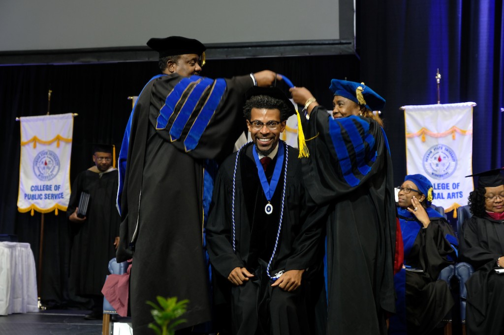 After receiving his degree, Dr. Theon Johnson III said, “I am deeply grateful to have the privilege to do my graduate study at Jackson State University. I believe in the mission, vision and values of the university.” He titled his dissertation “Leading With Spirit: Study on the Impact of Spirituality in the Leadership Practices of United Methodist Related Historically Black College and University Presidents.” (Photo by Charles A. Smith/JSU)