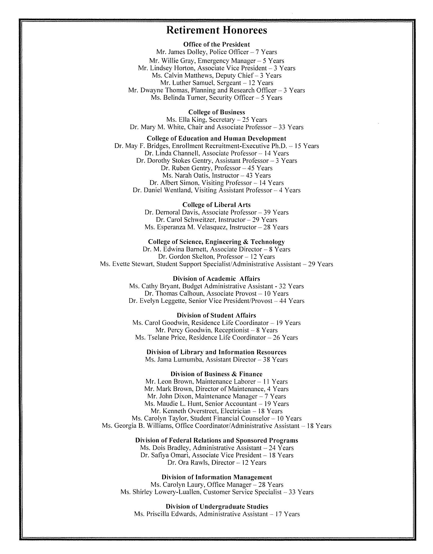 Retirement Honorees List