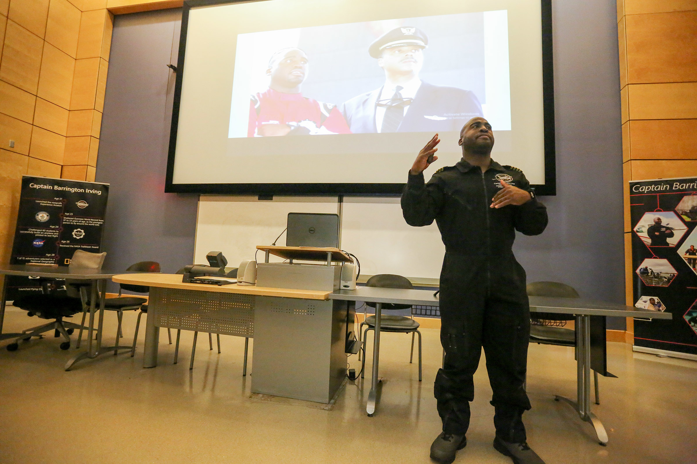Capt. Barrington Irving, a pilot for National Geographic and Guinness World Record Setter, explains to JPS students how he "hustled" on the parts to make his $650,000 airplane. (Photo by Aron Smith/JSU)