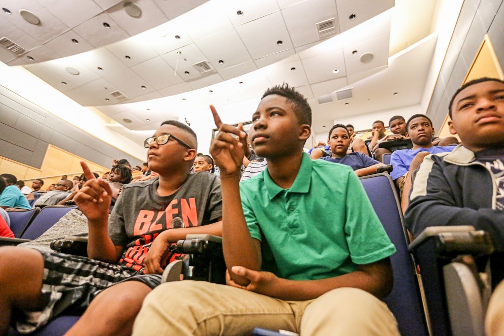 Students participating in JSU's Verizon Innovative Learning Minority Male Program react to Capt. Barrington Irving's eye-opening expeditions around the world. (Photo by Aron Smith/JSU)