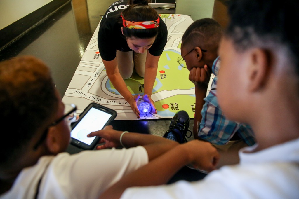 Students in the JSU/Verizon program spent the day with Capt. Barrington Irving's Experience Aviation staff members and doing fun STEM activities like learning how to code a Sphero mini robot. (Photo by Aron Smith/JSU)