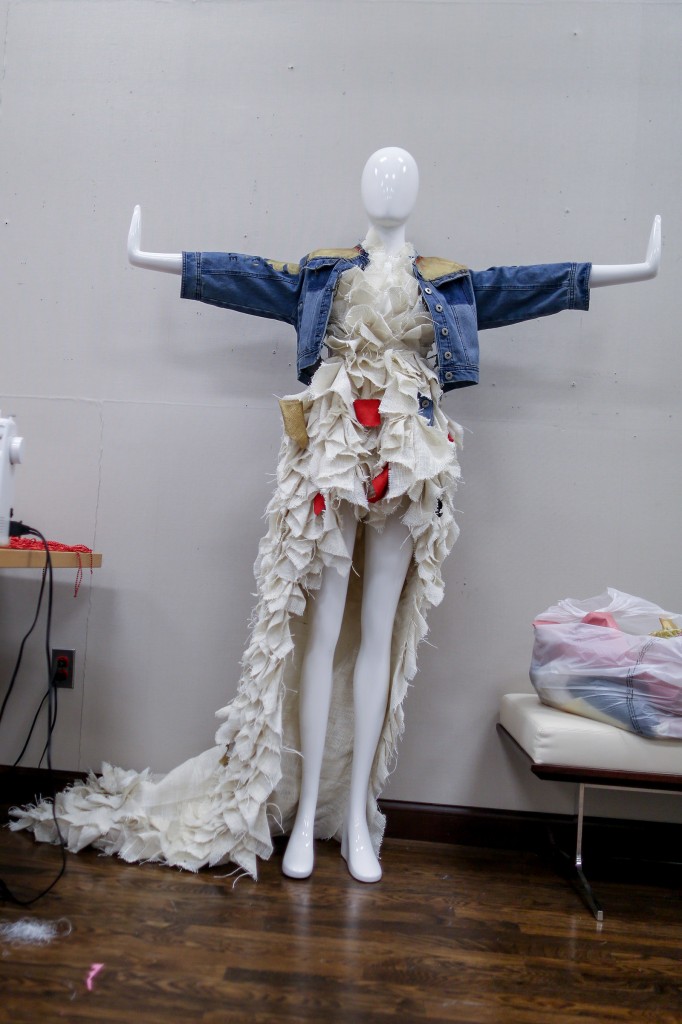 A burlap dress designed by JSU graduate Kristen Martin was featured in the Mississippi Museum of Art during an exhibit on noted JSU alum Patrick Kelly, whose fashion designs were worn by a variety of Hollywood starlets and celebreties. (Photo by Charles A. Smith/JSU)