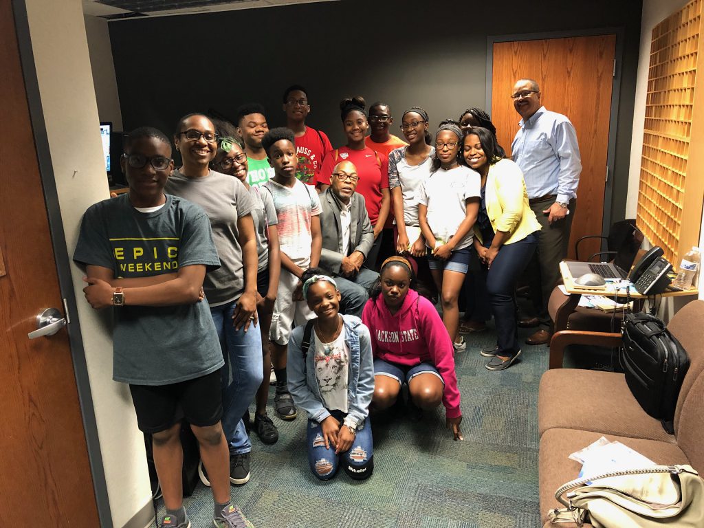 Potential future journalists spent time at WJSU radio station at the Mississippi e-Center@JSU. They completed two commercial spots. (Photo by Kerriana Moore/Special to JSU)