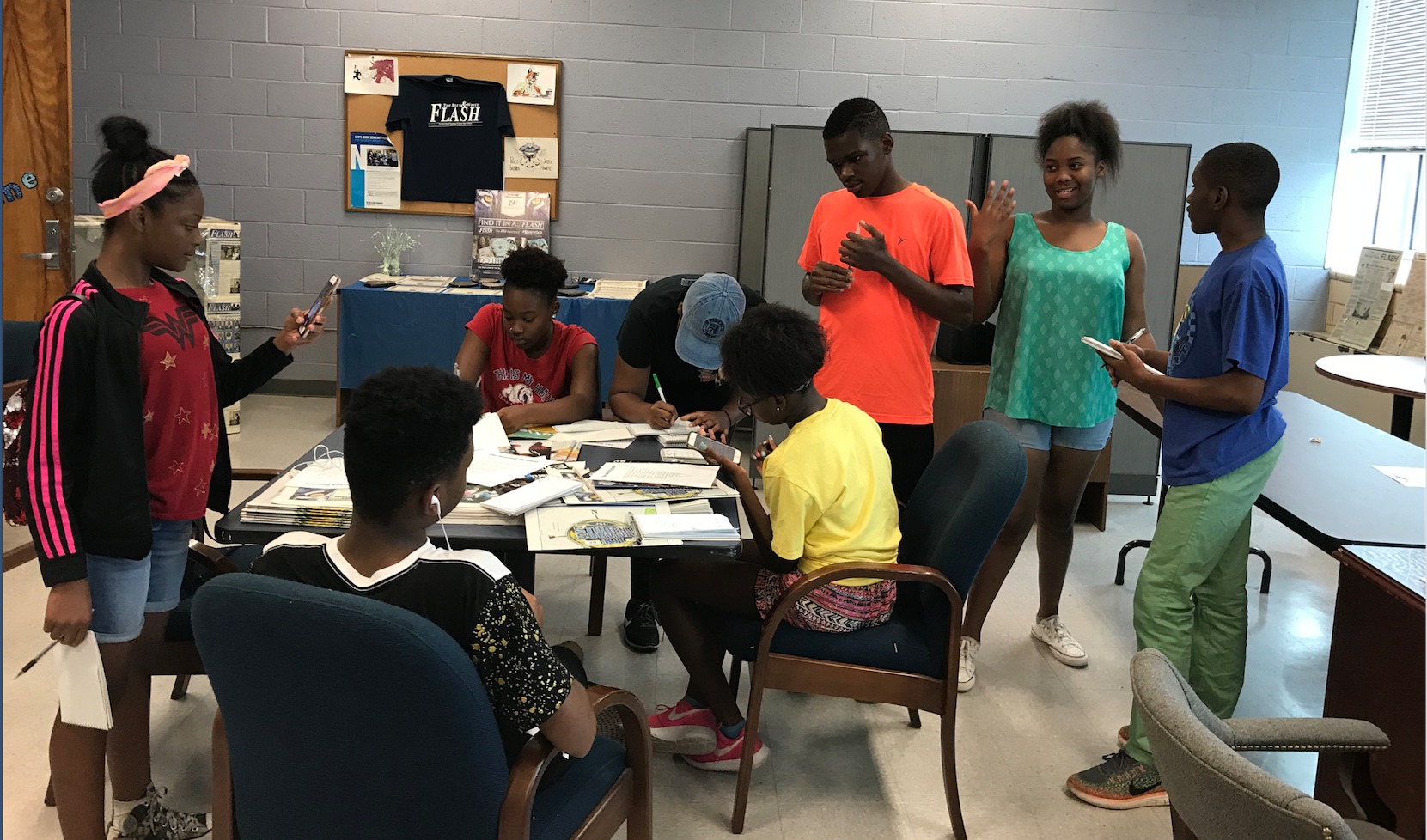 Students with 7Deep interview each other for stories they wrote on the summer program excursions. (Photo by Kerriana Moore/Special to JSU)