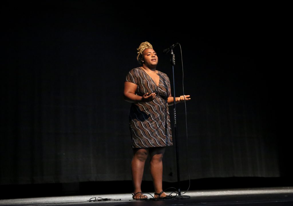 Jasmine Thomas gave the audience a glimpse into the mind of a person with clinical depression with her original spoken word piece titled: "Places in My Mind." (Photo by Kentrice S. Rush/JSU)