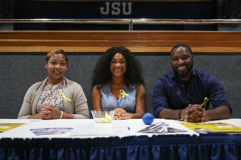 Latasha Norman Counseling Center staff members Shanice White, lead therapist, (left); Princess Hollins, peer educator, and Antonio Horton, counselor, provided faculty, staff and students with life-saving information during their suicide prevention program earlier this week. (Photo by Kentrice S. Rush)