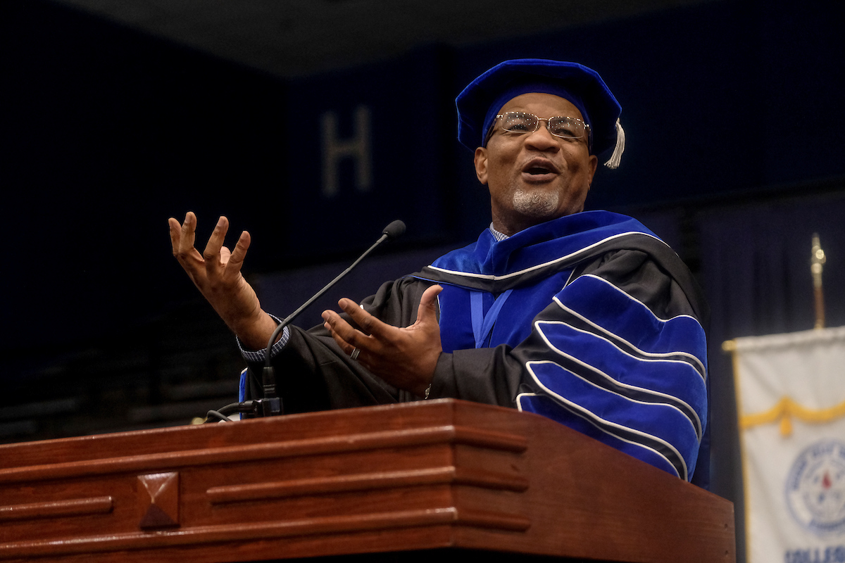 JSU President William B. Bynum Jr. electrifies the audience during the Class of 2022 New Student Convocation. He delivered a powerful keynote address that left guests spellbound as it learned how his humble beginnings and faith resulted in him becoming a two-time president. He urged freshmen and transfer students to seek their own higher plateau, too. (Photo by Charles A. Smith/JSU)