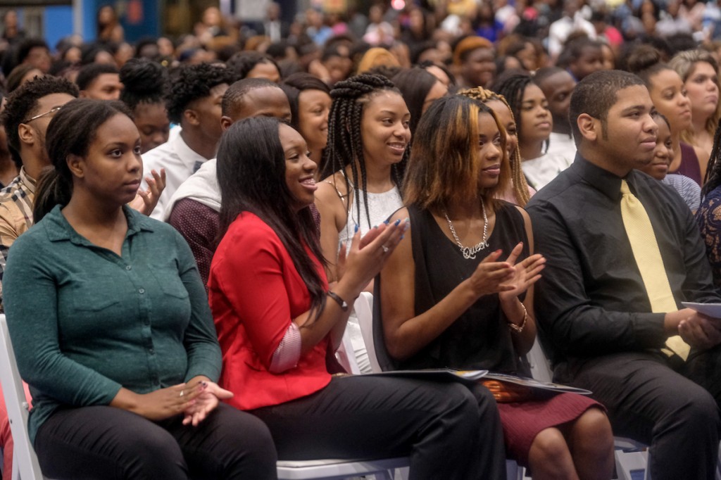 Freshmen and transfer students absorb powerfully inspiring words from each of the speakers. (Photo by Charles A. Smith/JSU)