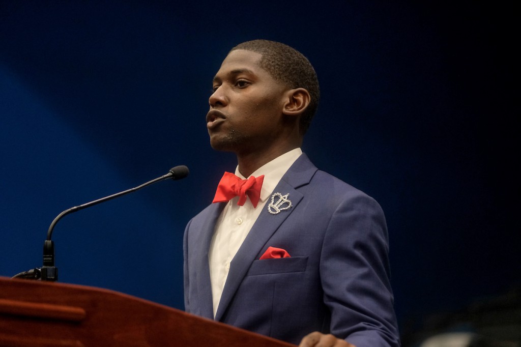 Mr. JSU Darrian Jackson, a senior physics major, advised constituents on how to cope with disappointments. Turn unfortunate experiences into lessons that can “mold you into a more confident and wise individual,” he said. (Photo by Charles A. Smith/JSU)