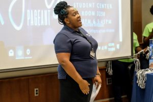 Keiona Miller, assistant director of Undergraduate Recruitment, told students exactly why they should attend Jackson State University - 'Thee I Love.' (Photo by Charles A. Smith/JSU)