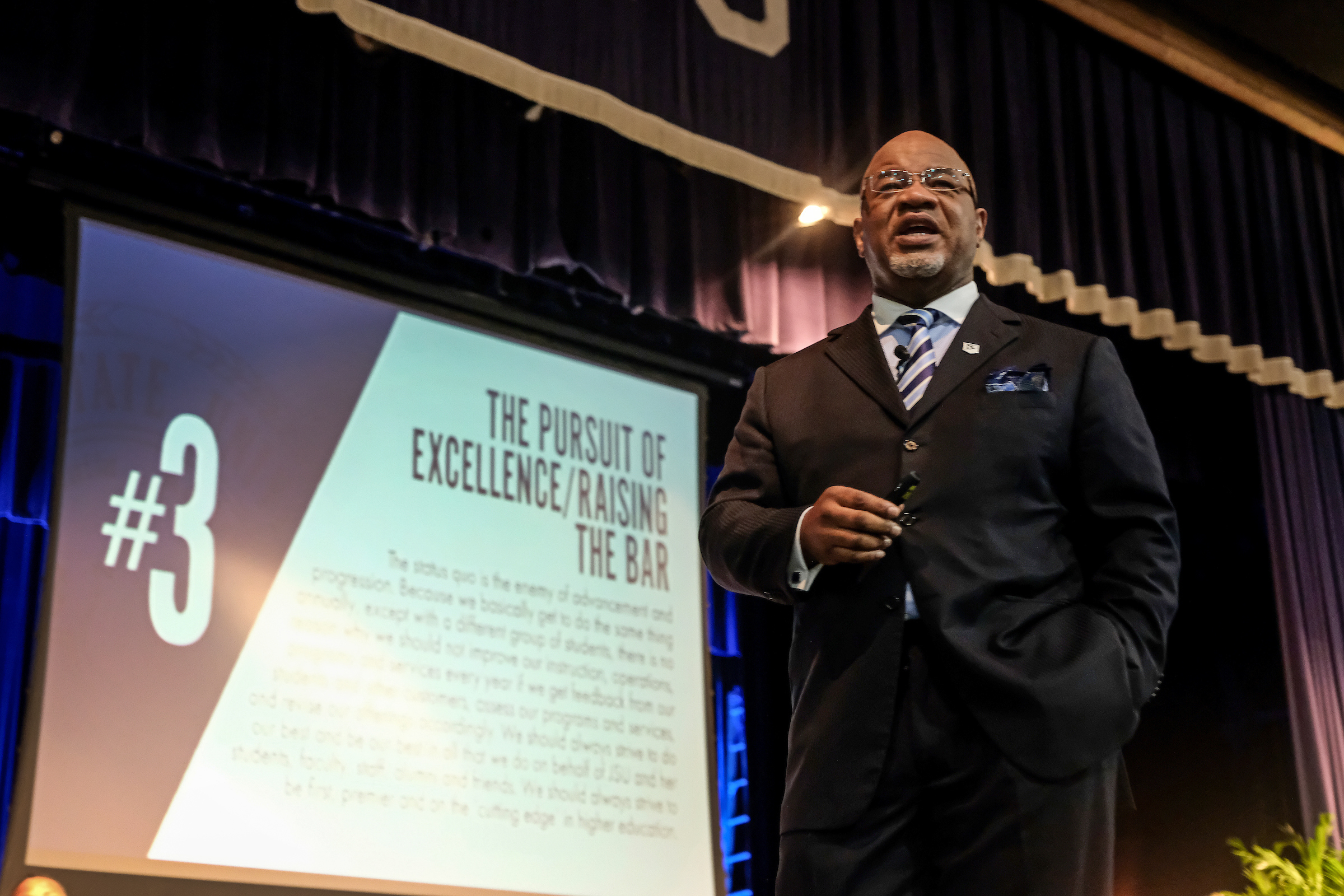 JSU President William B. Bynum Jr. outlines his goals for transforming JSU through planning and prioritization. He delivered the keynote address during the first of a two-day Fall Faculty and Staff Seminar. (Photo by Charles A. Smith/JSU)