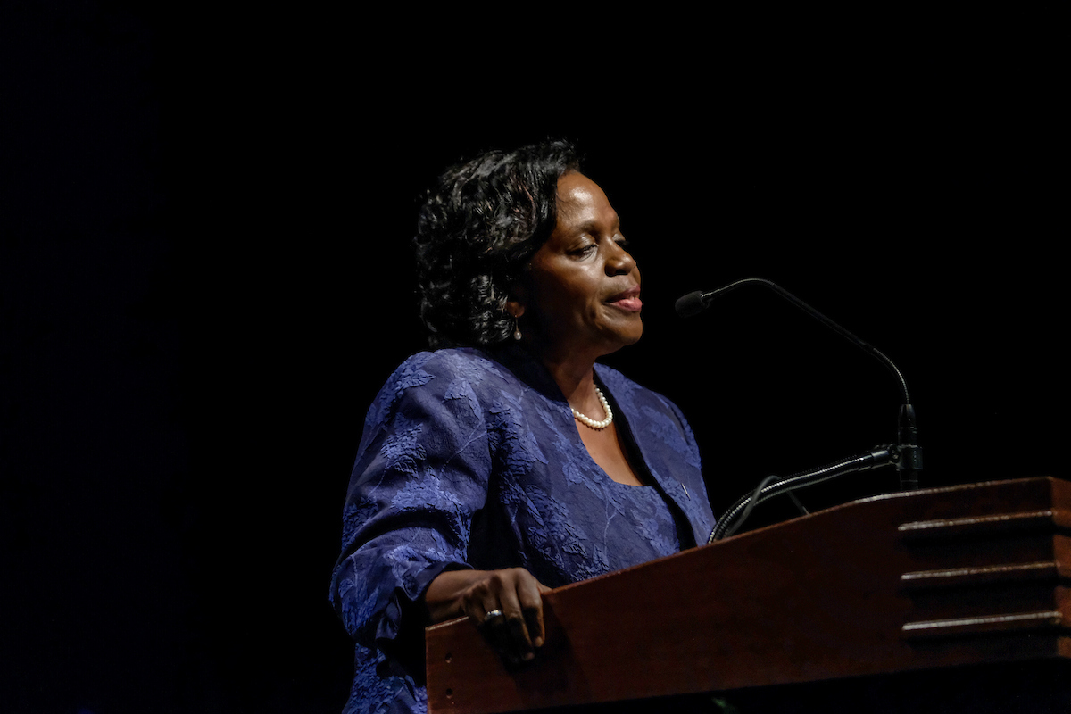 JSU Provost Lynda Brown-Wright discusses the future of academics, faculty research and student support during her presentation. (Photo by Charles A. Smith/JSU)