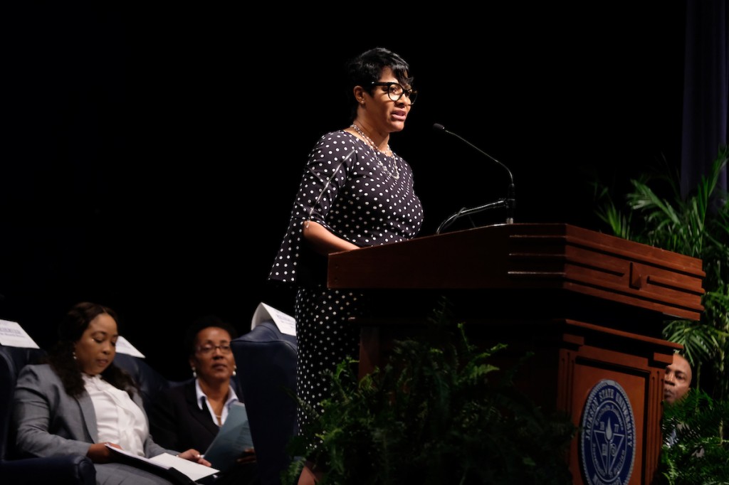 First lady Deborah Bynum shared her efforts to improve the quality of life for students and the community. Her initiatives consist of recycling, a career closet and food pantry. (Photo by Charles A. Smith/JSU)