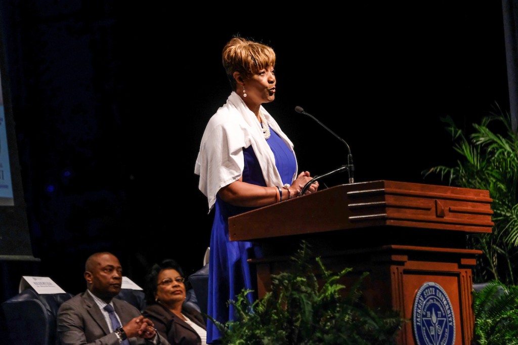 FFSSPix6: Dr. Earlexia Norwood, president of the Jackson State University National Alumni Association, outlines goals to help JSU reach its fullest potential. (Photo by Charles A. Smith/JSU)
