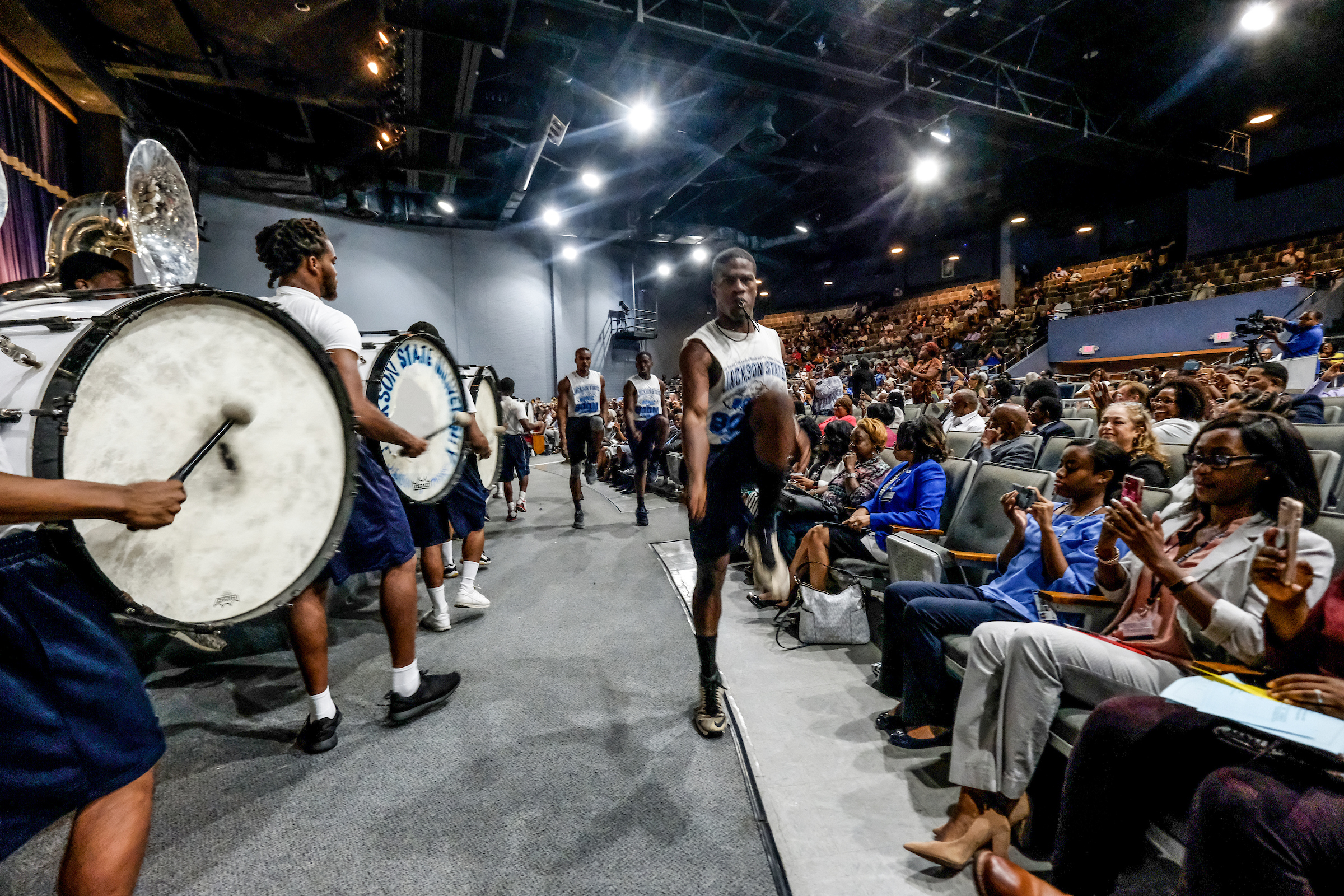 The Sonic Boom performs to the upbeat sound of “Get Ready” to rally the crowd to prepare for the upcoming fall semester. (Photo by Charles A. Smith/JSU)
