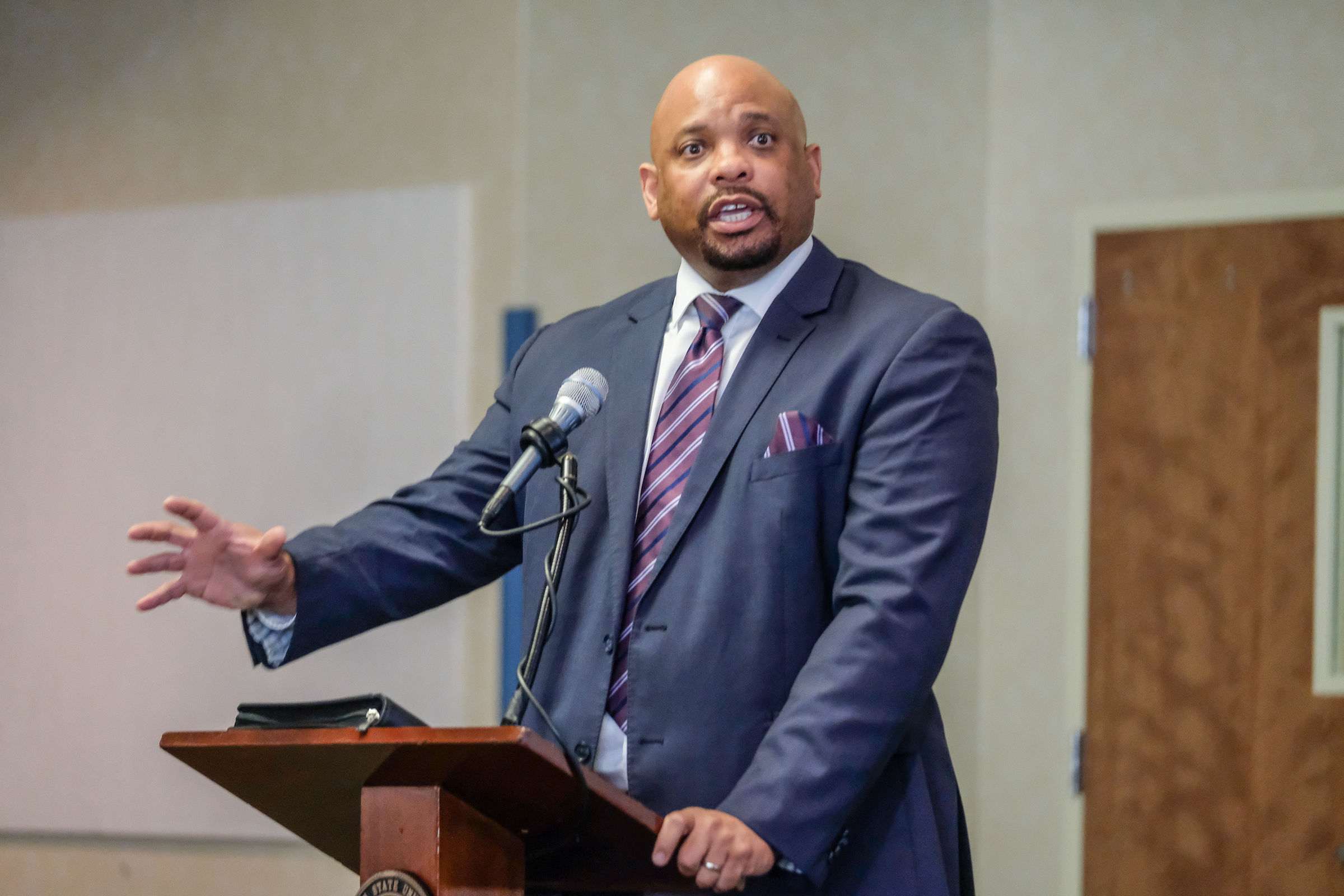 Dr. Alfred Rankins Jr., commissioner of the Mississippi Institutions of Higher Learning (IHL), visits Jackson State University. He addressed his goals and a wide range of issues, including shared faculty-staff governance, remission of fees and questions about an on-campus football stadium. (Photo by Charles A. Smith/JSU)
