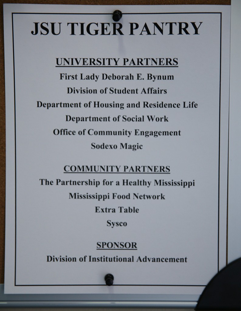 Inside the JSU Tiger Food Pantry is a list of university and community partners who helped to make the pantry a reality. (Photo by Aron Smith/University Communications)