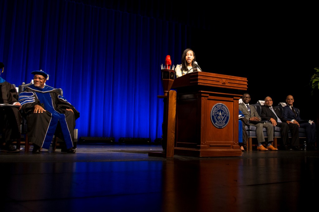 Chelsea Bynum-Grant, oldest daughter of Dr. William and Deborah Bynum, presented endearing and loving remarks on behalf of the family at her father's investiture service. (Photo by Aron Smith/JSU)