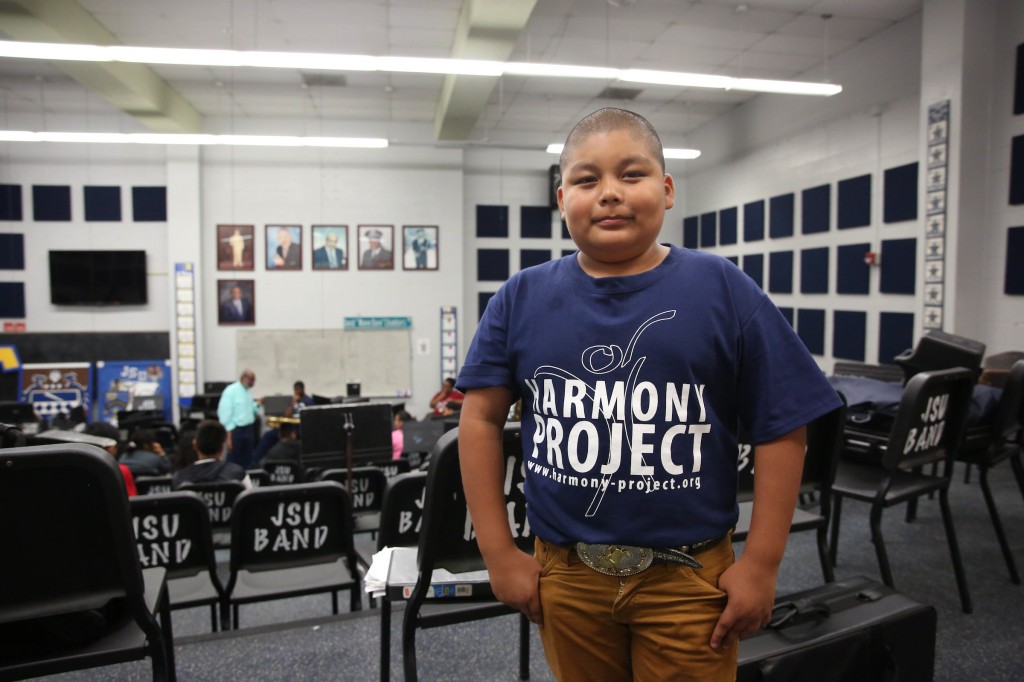 Edward Rios is the youngest of the group of 20 Harmony Project students. Rios calls the university "pretty fun" and says he has enjoyed learning different features of his trumpet. (Photo by: Kentrice S. Rush/JSU University Communications)