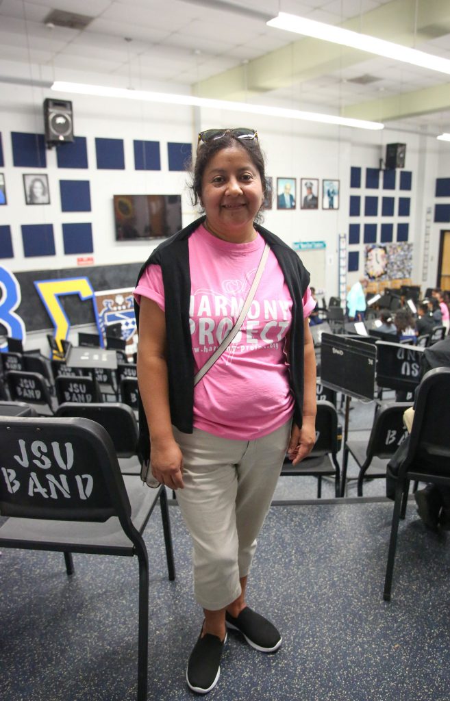 Norma Hernandez is a chaperone for the Harmony Project's trip to JSU. Her daughter has also been with the program for eight years. "I love the program. This is an amazing trip because it provides the kids with a different experience. I love it here. It's a peaceful city, a great school and everyone is nice. It's different from other universities I've been to before," she says. (Photo by: Kentrice S. Rush/JSU University Communications)