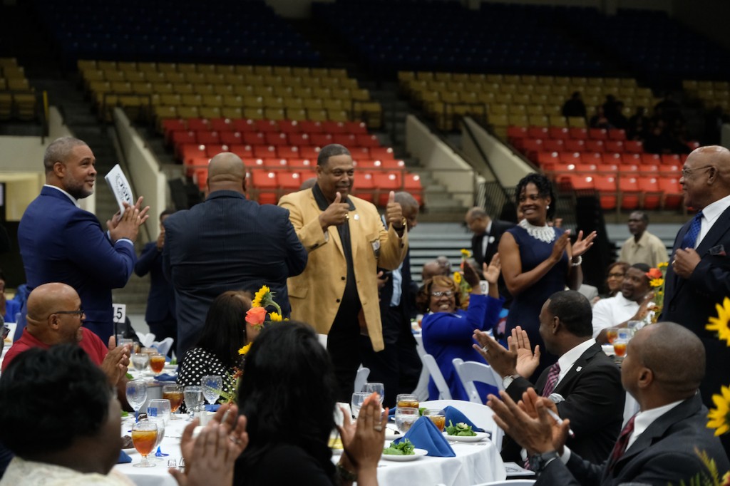 NFL Hall of Famer Robert Brazile acknowledges the crowd during the 2018 Sports Hall of Fame in the Lee E. Williams Athletics and Assembly Center. (Photo by Charles A. Smith)