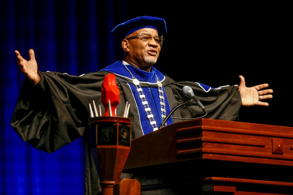 Dr. William B. Bynum Jr. shared his journey to becoming the 11th president of Jackson State University with members of the audience at his investiture service last week. (Photo by Charles A. Smith/JSU)