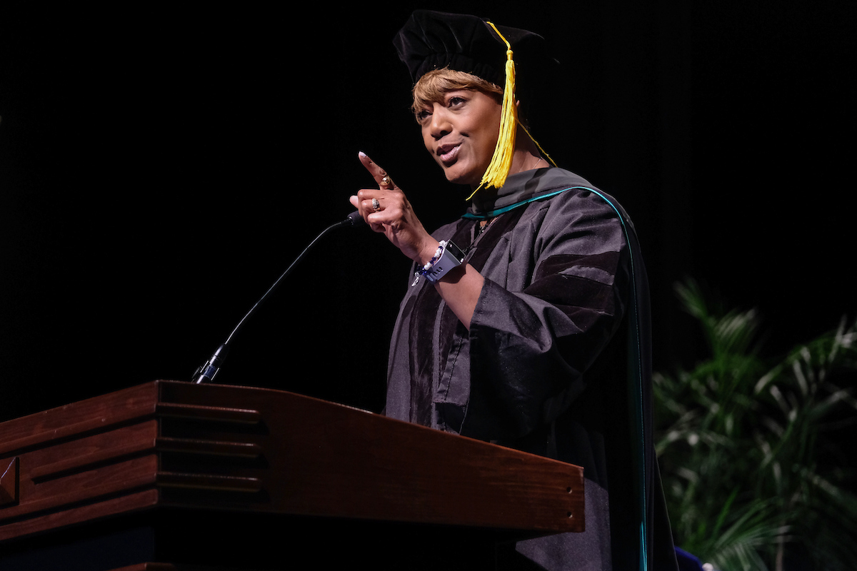 Founders’ Day keynote speaker Dr. Earlexia Norwood ties JSU’s history to Psalm 23. The president of the Jackson State University National Alumni Association explains how the HBCU overcame trials and tribulations when racial tensions and rumors threatened its existence. She also notes how faculty, staff, students and alumni have rallied to blunt efforts to end its legacy. (Photo by Charles A. Smith/JSU)