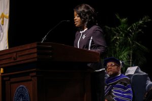 Miss Jackson State University Gabrielle Baker introduces keynote speaker Dr. Earlexia M. Norwood. (Photo by Charles A. Smith/JSU)