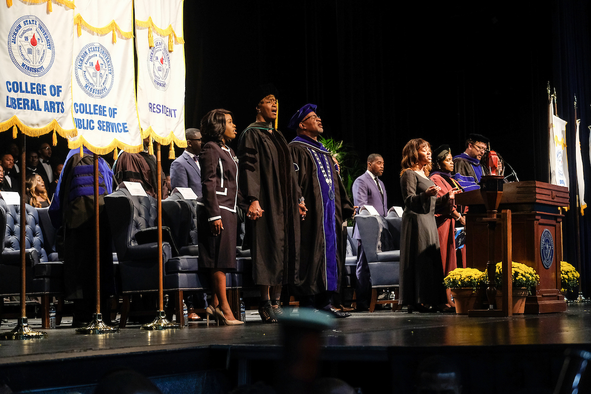 JSU students, faculty, staff and guests join in singing “Jackson Fair.” (Photo by Charles A. Smith/JSU)