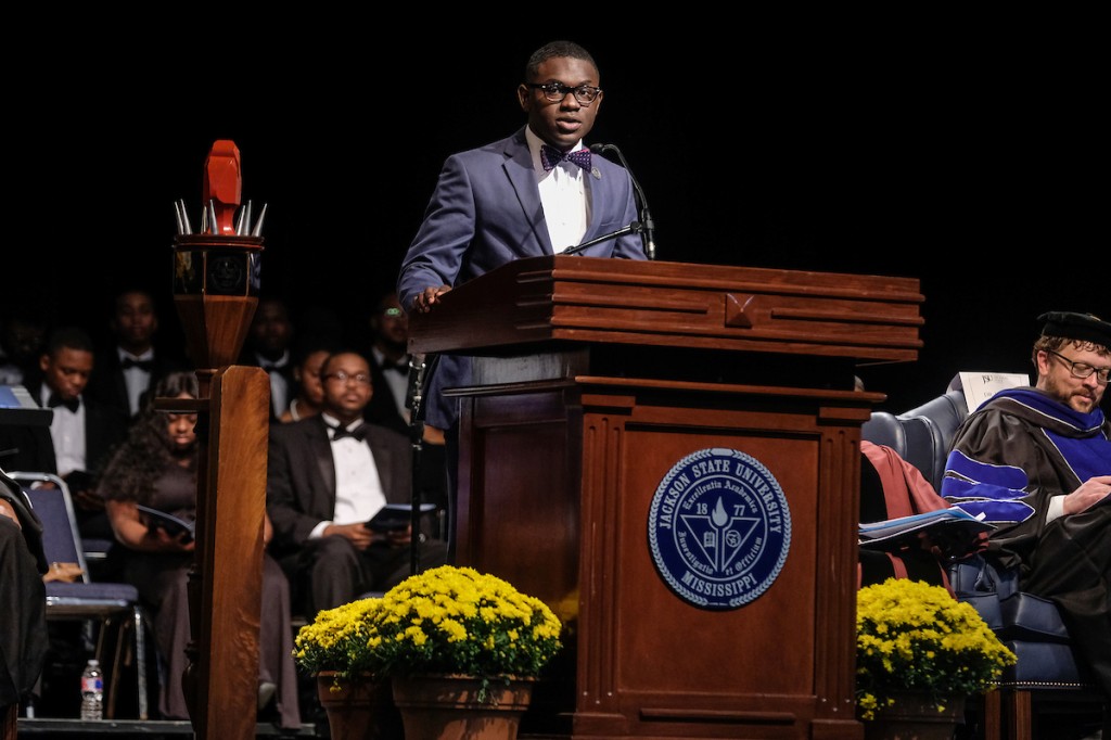 La’Curtis Powell, the 2018-2019 president of the Student Government Association, delivers greetings. (Photo by Charles A. Smith/JSU)